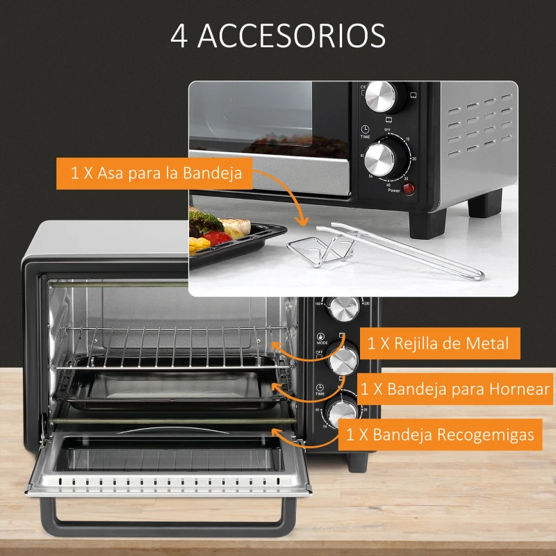 HOMCOM Horno Portátil 16L 1400W con 3 Modos de Calor Temporizador Bandeja de Horneado y Rejilla 44x32x28,1 cm Plata