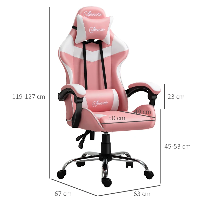 Vinsetto Sedia da Gaming Ergonomica con Poggiatesta, Altezza Regolabile e Reclinabile, Poltrona Girevole con Ruote, 63x67x119-127cm, Rosa