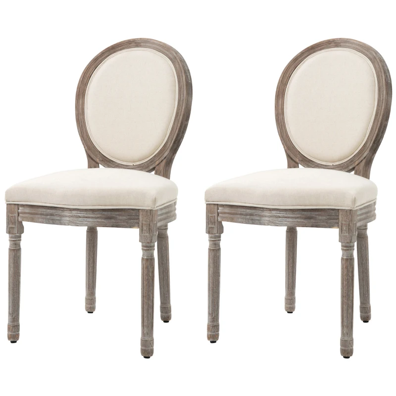 HOMCOM Dining Chairs Set of 2, French-Style Upholstered Kitchen Chairs with Padded Seats, Wood Frame and Round Back, Cream White