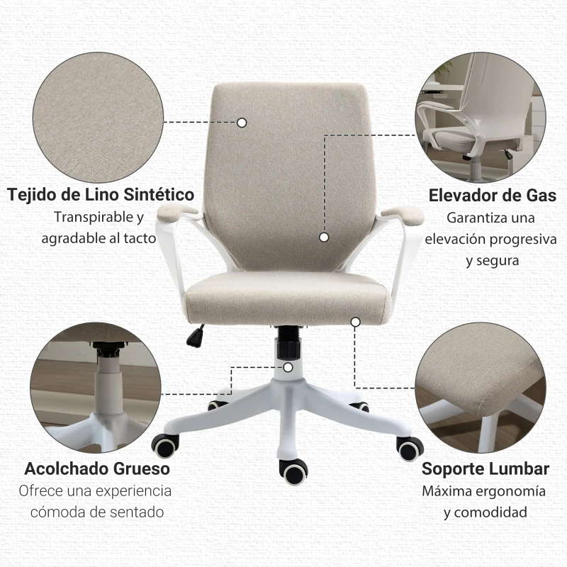 Vinsetto Silla de Escritorio Giratoria Silla de Oficina Basculante con Reposabrazos y Altura Ajustable 62x69x92-100 cm Beige