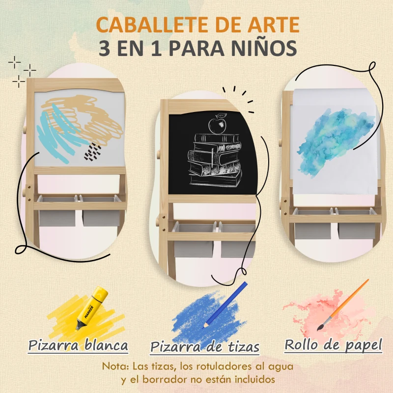 AIYAPLAY Caballete para Niños 3 en 1 Pizarra Caballete de Doble Cara Pizarra Blanca Caballete para Dibujo 58x50,5x109 cm Natural