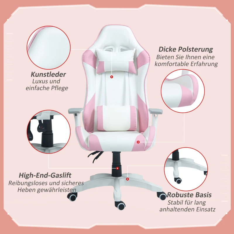 HOMCOM Gamingstuhl, Racing-Design, neigbar, höhenverstellbar, Kunstleder, 67B x 60T x 120-128H cm, Rosa/Weiß
