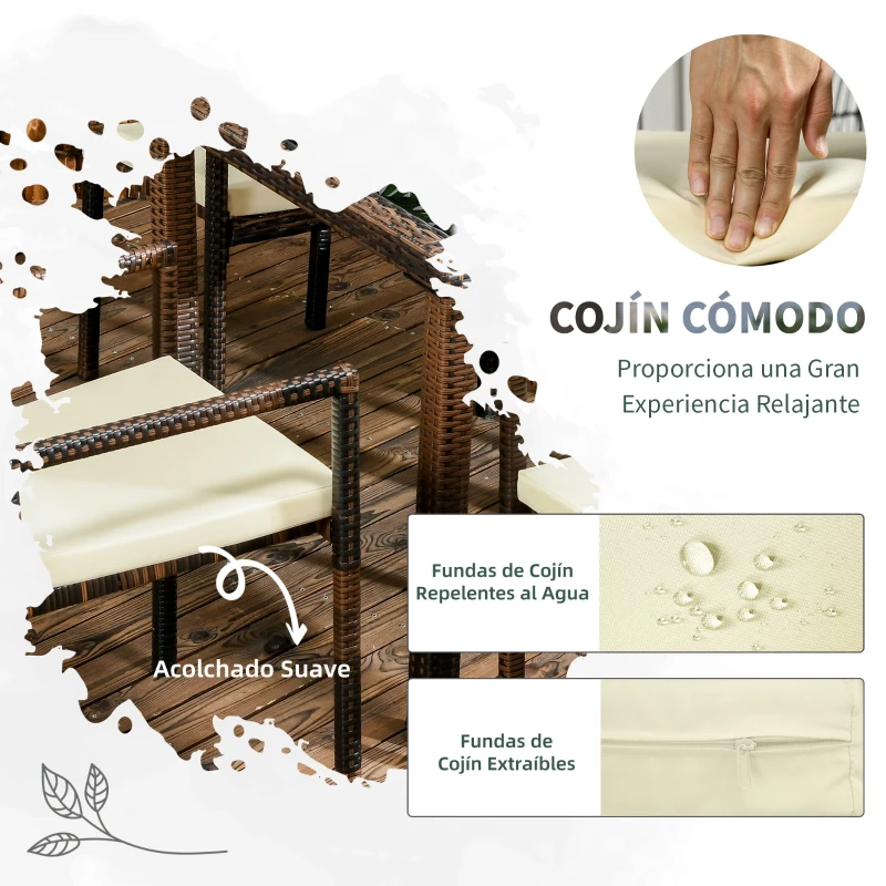 Outsunny Conjunto de Muebles de Ratán Sintético de Jardín Mesa con Encimera de Cristal y 4 Sillas para Exterior Marrón