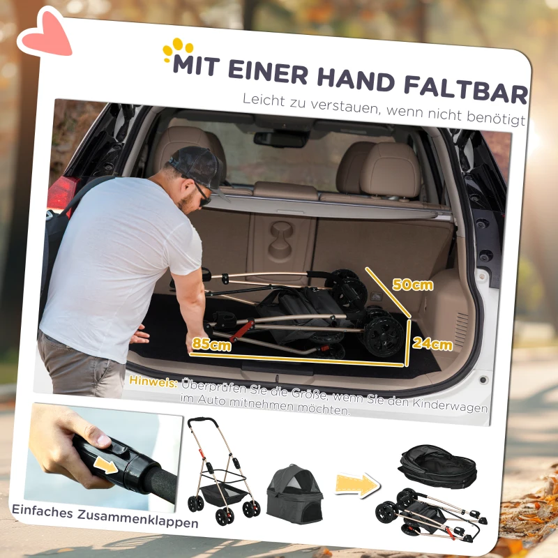 PawHut 3-in-1-Haustierkinderwagen, zusammenklappbarer Hundewagen mit 4 Rädern und abnehmbarer Trage für Hunde und Katzen, Grau(m-5)