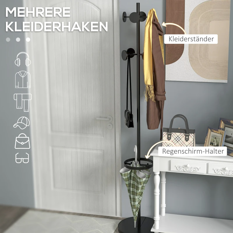 HOMCOM Garderobenständer Kleiderständer Hutständer, inkl. Schirmablage, 12 Kleiderhaken, Schwarz