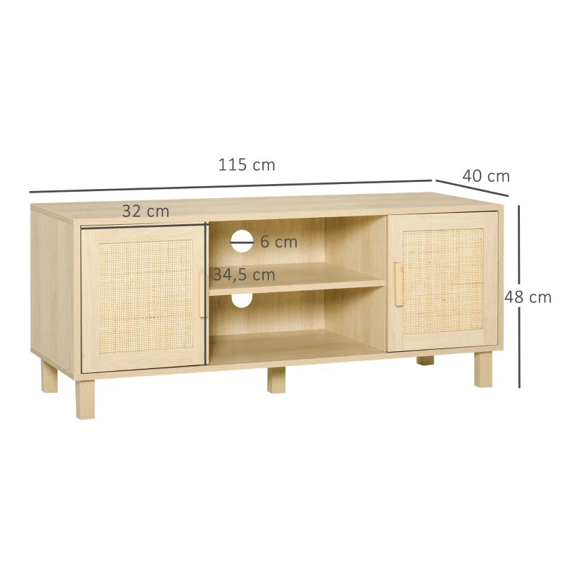 HOMCOM Fernsehtisch Lowboard  TV-Bank TV-Kommode mit 2 Rattantüren und Offene Regale MDF Natur 115 x 40 x 48 cm