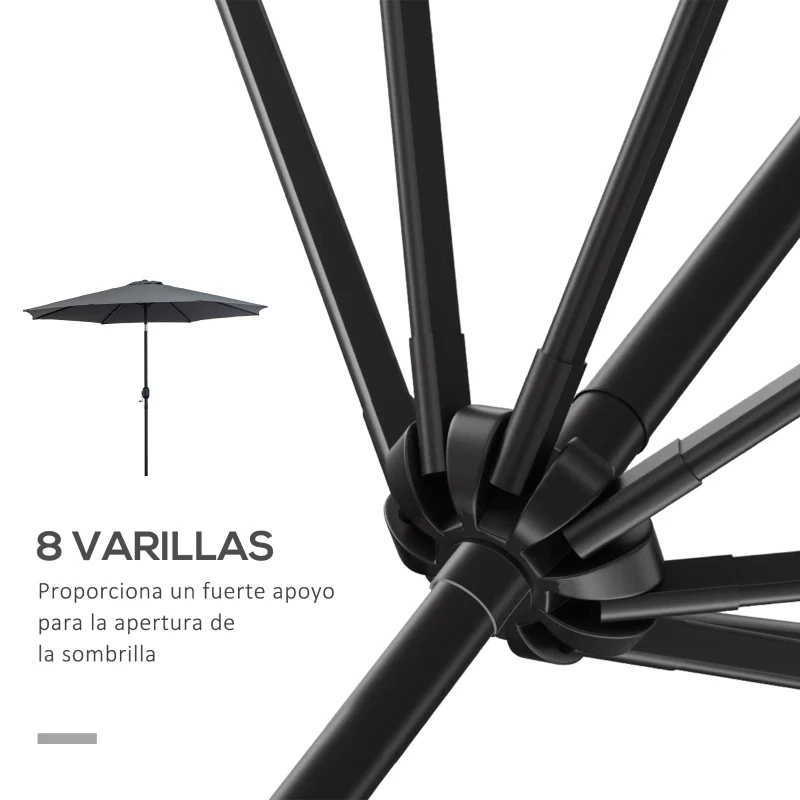 Outsunny Sombrilla de Jardín Ø295x250 cm con Manivela Parasol Exterior con Mecanismo de Inclinación y Poste Desmontable de Metal para Terraza Piscina Patio Gris Oscuro