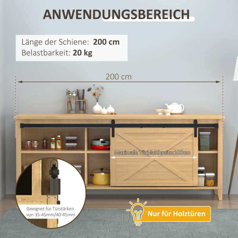 HOMCOM 200 cm Schiebetür Komplettset Schiebetürbeschlag mit Bodenführung, Schiebetür Laufschiene, Laufrollen Schiebetürsystem für Einzelholzschiebetür