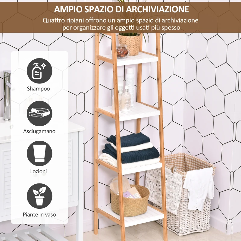 kleankin Scaffale per il Bagno a Scala con 4 Ripiani in Legno di Pino e Bambù, 35x36x138.5 cm, Bianco e Legno