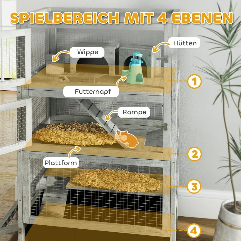 PawHut 4-stufiger Hamsterkäfig aus Holz, mit Hütten, Wippe, Futterschalen, Rampen, Rollen, 65 x 45 x 109 cm, Grau(m-5)