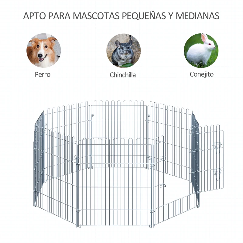 PawHut Vallas para Perros Plegables de 8 Piezas 63x76 cm con 1 Puerta y Marco de Acero para Jardín Patio Plata