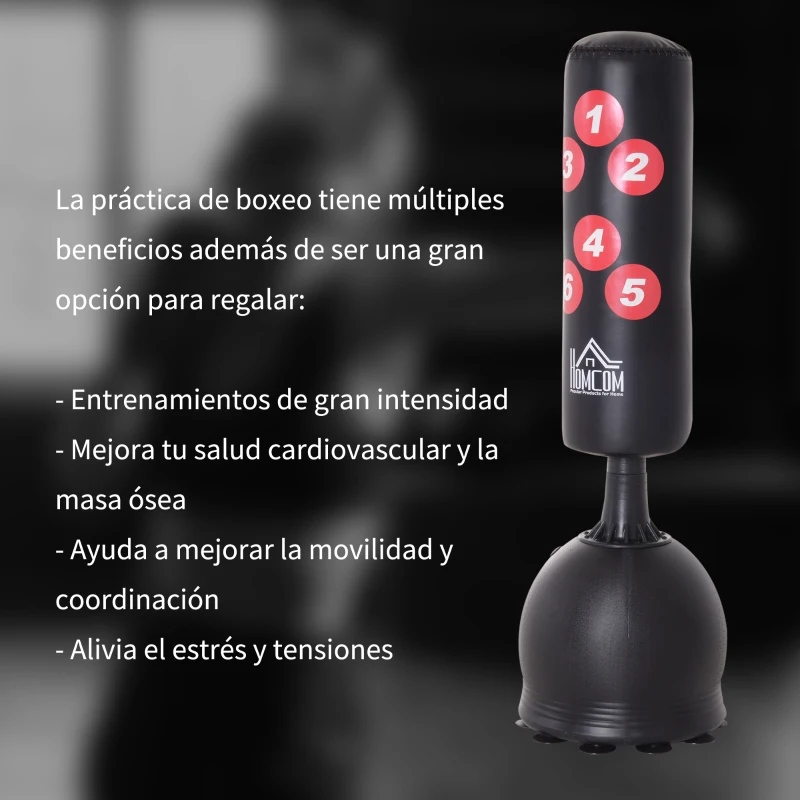 HOMCOM Saco de Boxeo de Pie 165 cm con Base Rellenable de Agua 22,5 kg o Arena 27,5 kg y Ventosas de Goma para Adultos y Niños 50x50x165 cm Negro