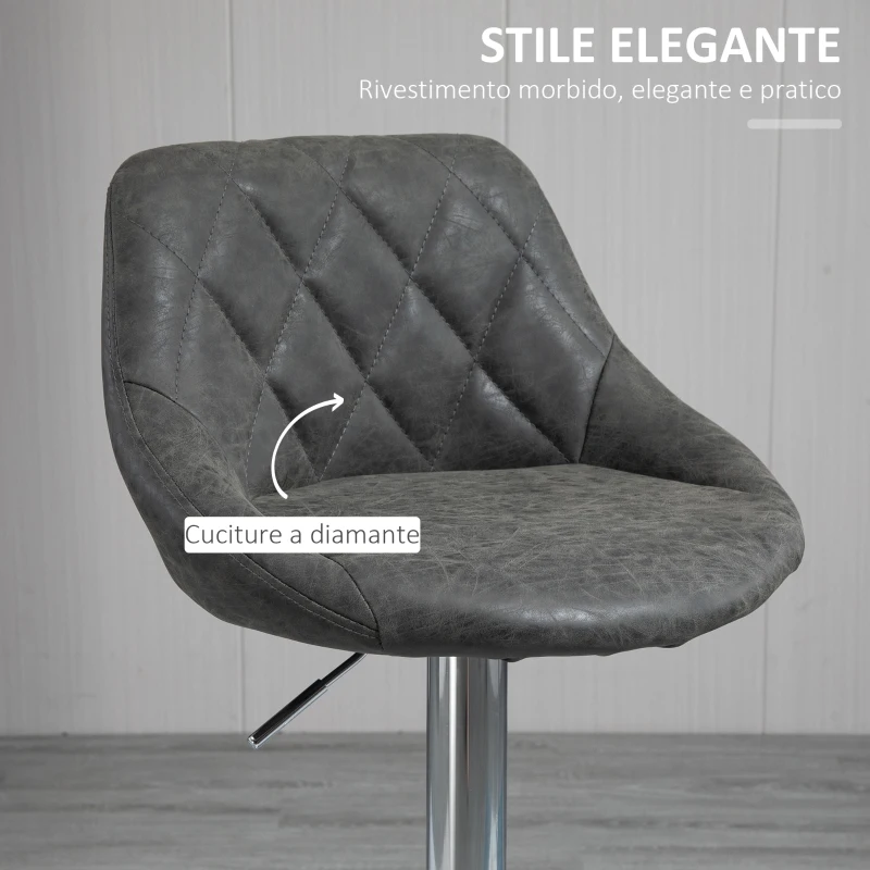 HOMCOM Set 2 Sgabelli da Bar con Altezza Regolabile, Base in Metallo e Seduta Finta Pelle, Sgabelli Alti Moderni Girevoli con Schienale e Poggiapiedi 46x48x83-104cm, Grigio Scuro