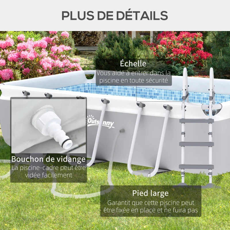 Outsunny Piscine rectangulaire hors-sol tubulaire avec échelle, pompe et filtre, acier et PVC - 425L x 230l x 101H cm, gris