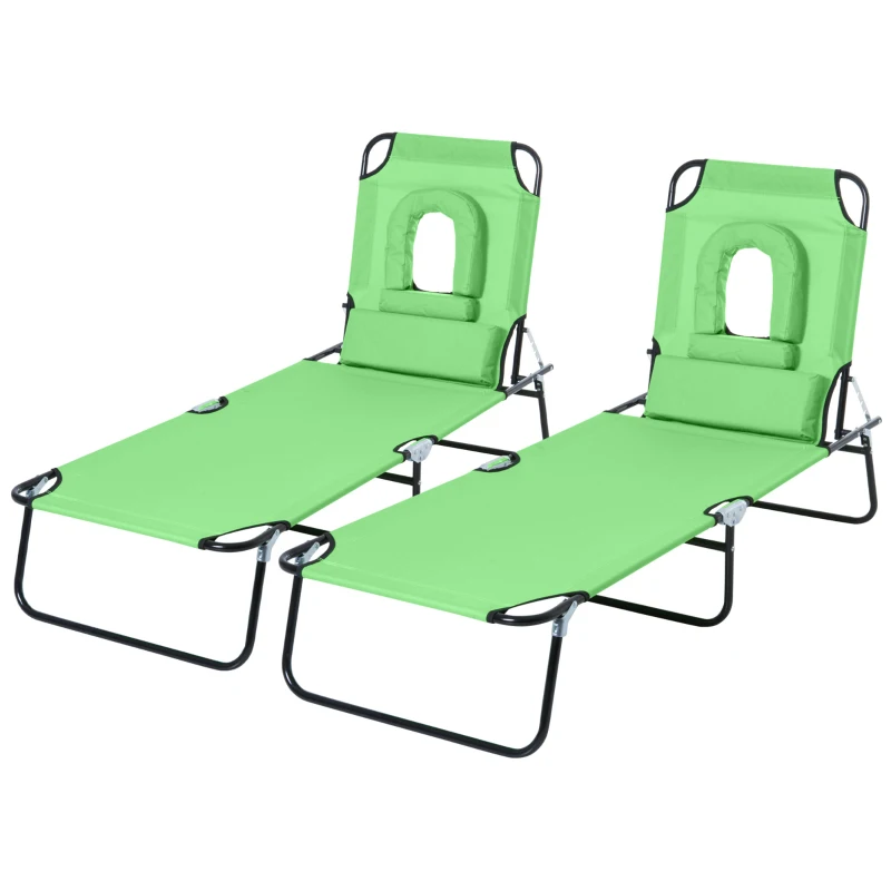Outsunny Lot de 2 Bains de Soleil Pliable transat inclinable 4 Positions Chaise Longue de Lecture 3 Coussins fournis Vert