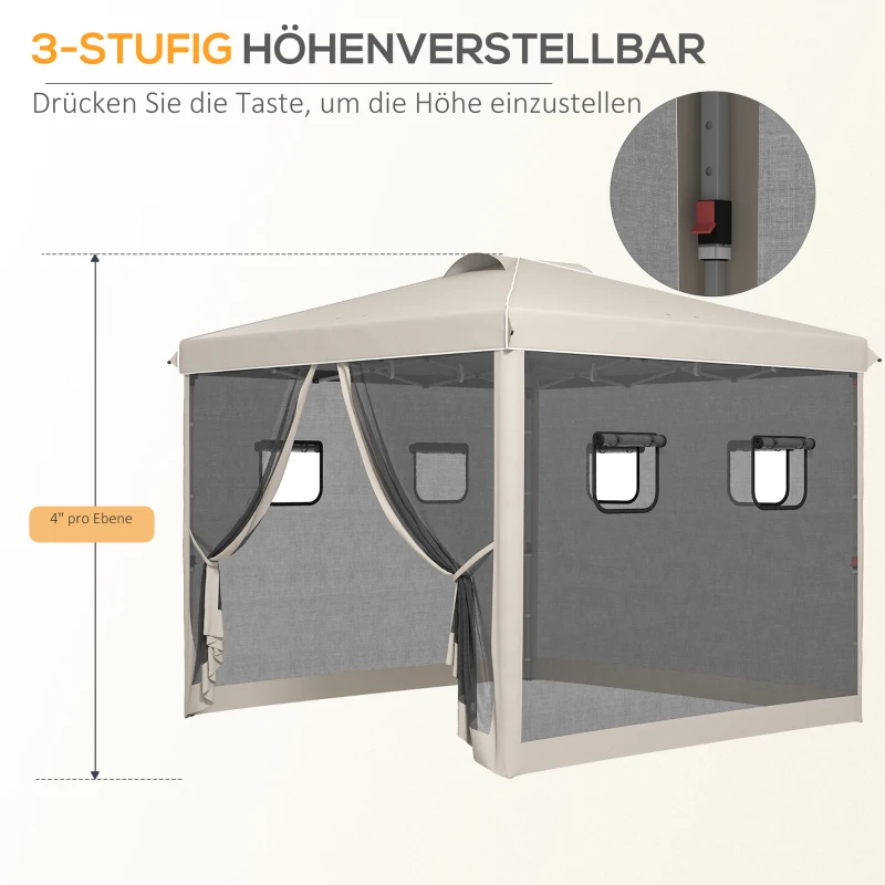Outsunny Faltpavillon, höhenverstellbar, Netzvorhänge, Tragetasche, Metallgestell, 3 x 3 x 3 m, Beige