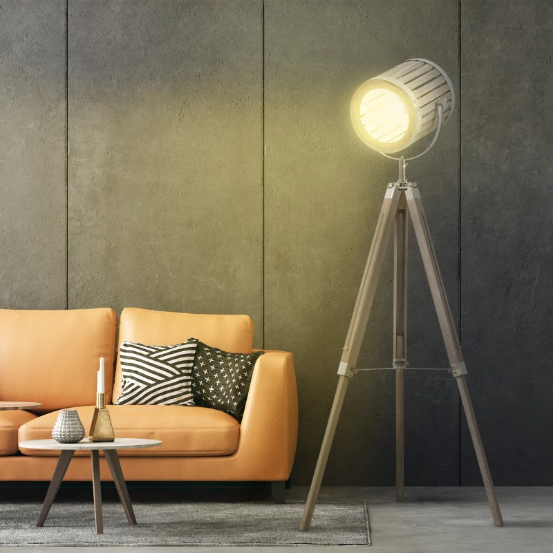 HOMCOM Telescopic Floor Lamp Unique Wood Frame Adjustable Shade Height Unique Vintage Spotlight Metal Home Office Lighting, 110-150cm, Natural