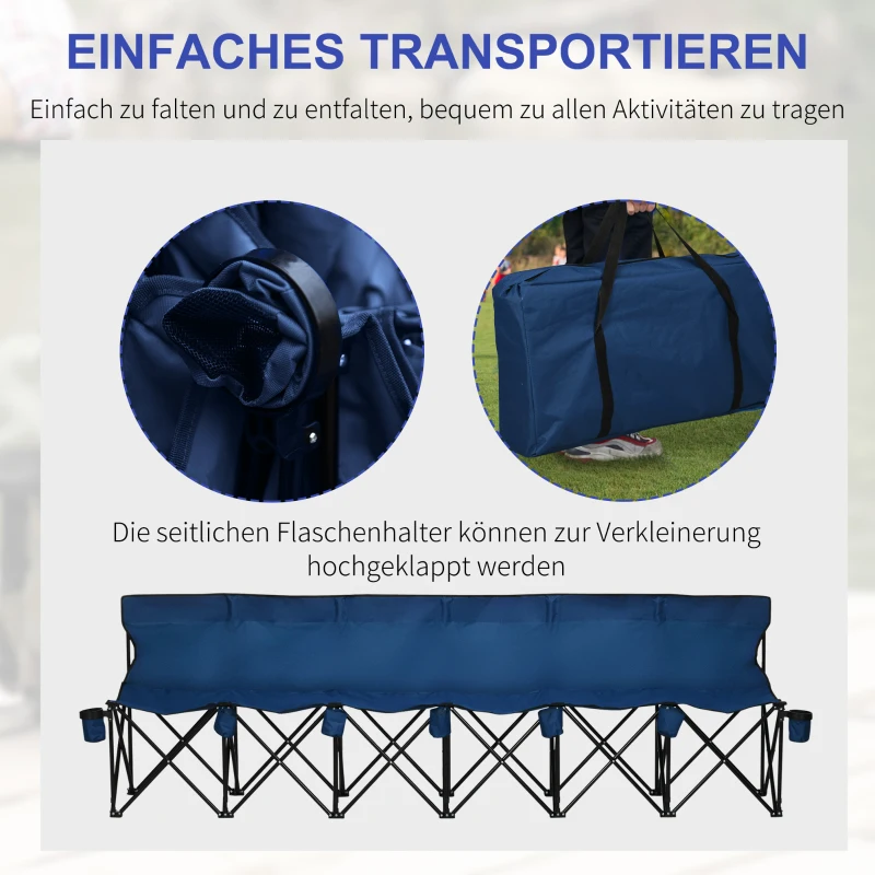 Outsunny Campingbank Faltbank Gartenbank Klappbank Bank Camping 6-Sitzer mit Tragetasche, Oxford+Metall, Schwarz/Blau, 259x48x80cm (Blau)