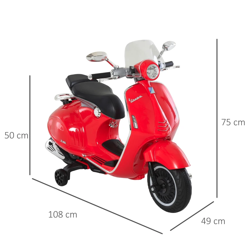 HOMCOM Moto de Batería Autorizada de VESPA con Faros Música 2 Ruedas Auxiliares 108x49x75 cm Rojo
