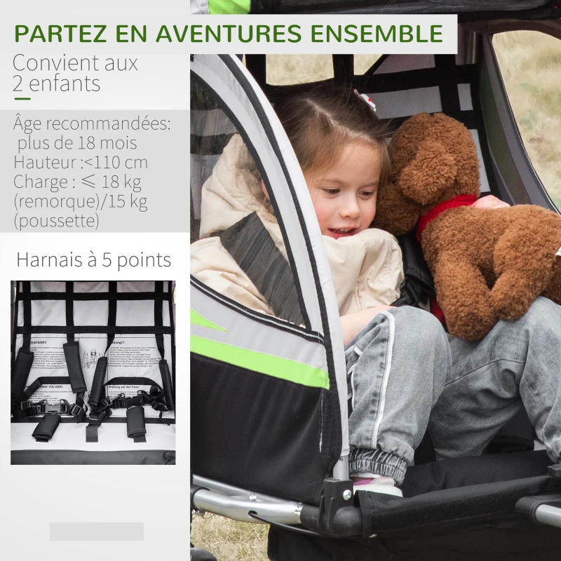 HOMCOM Remorque vélo pour enfant 2 en 1 convertible jogger poussette capacité 26,4 kg avec réflecteurs et drapeau - 2 places  - vert