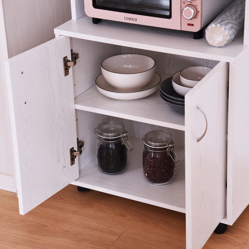 HOMCOM Rolling Kitchen Trolley Microwave Cart 2-Door Cabinet Storage Shelves w/ Wheels White