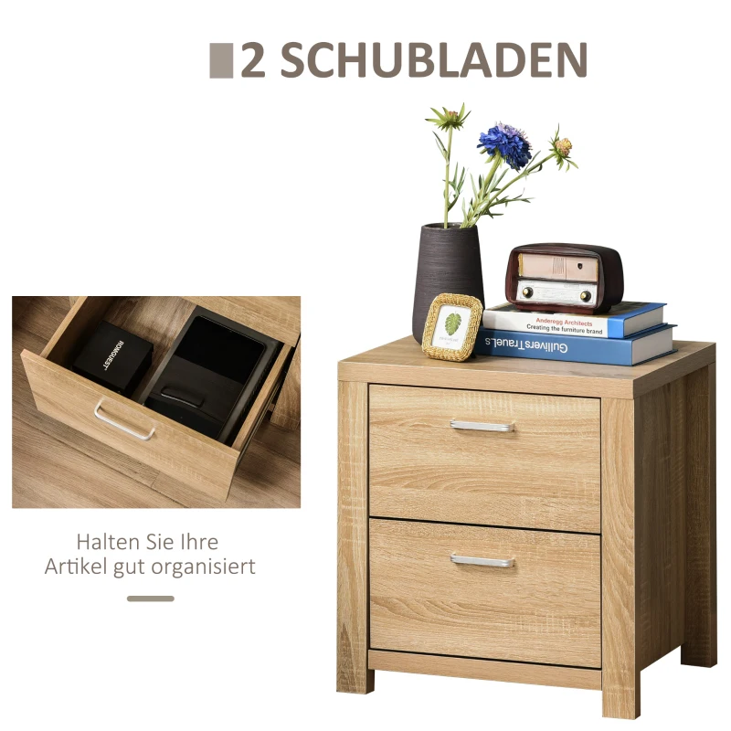 HOMCOM Nachttisch mit 2 Schubladen Nachtschrank mit Kippschutz moderner Nachtkommode Natur 48 x 39 x 52 cm