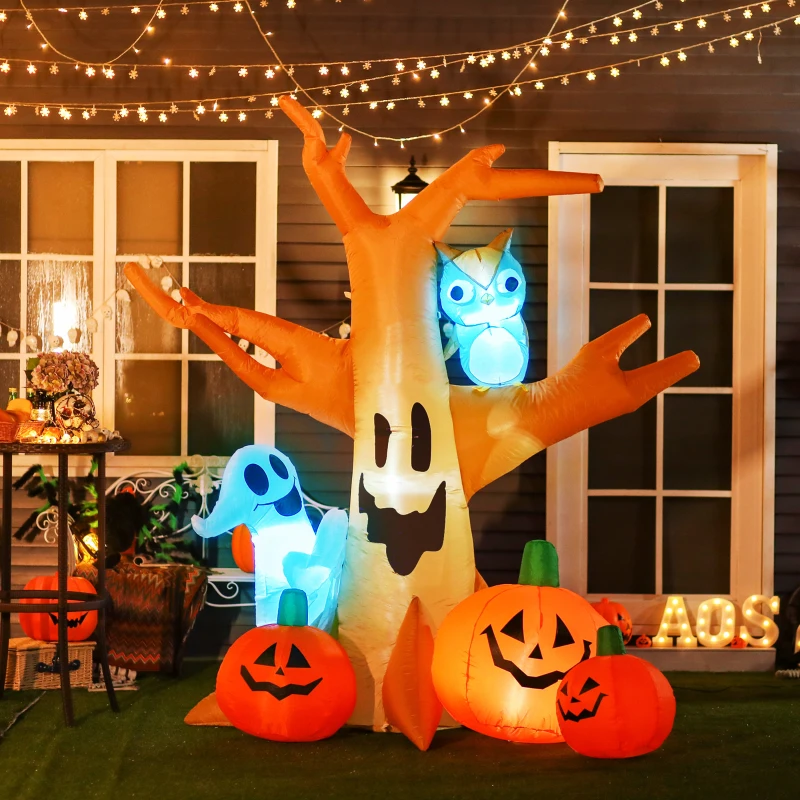HOMCOM 240cm Large Halloween Scary Lighting Inflatable Tree Ghost 3 Pumpkins Owl 4 LED Indoor Outdoor Holiday Decoration