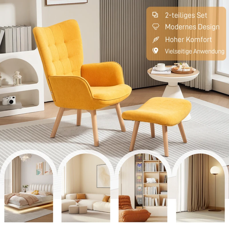 HOMCOM Akzentsessel mit Hocker, Relaxsessel in Cord-Optik, Armlehnstuhl mit Holzbeinen, für Wohnzimmer, Orange(m-6)