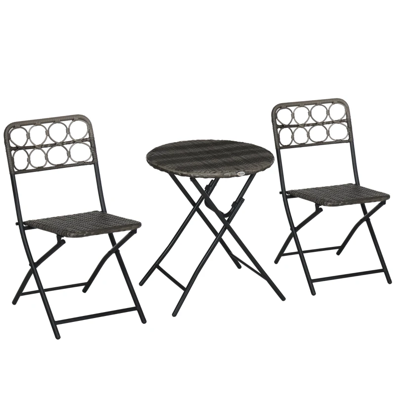 Outsunny 3 Pieces Rattan Bistro Set, Wicker Folding Garden Furniture Set with Coffee Table and Chairs for Outdoor, Patio, Balcony, Grey