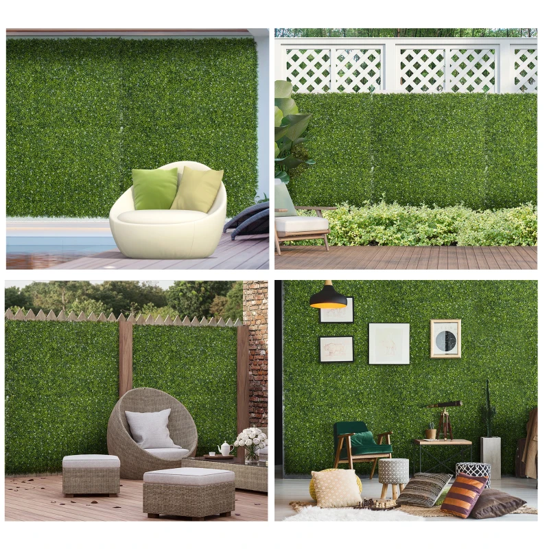 Outsunny 12PCS Artificial Boxwood Wall Panels 50cm x 50cm Grass Privacy Fence Screen Faux Hedge Greenery Backdrop Encrypted Milan Grass with White Flowers for Home Garden Backyard Balcony