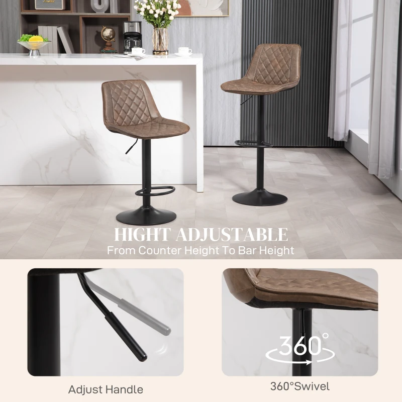 HOMCOM Bar Stools Set of 2, Retro Adjustable Kitchen Stool, Swivel PU Leather Upholstered Bar Chairs with Back, Footrest and Steel Base, Brown