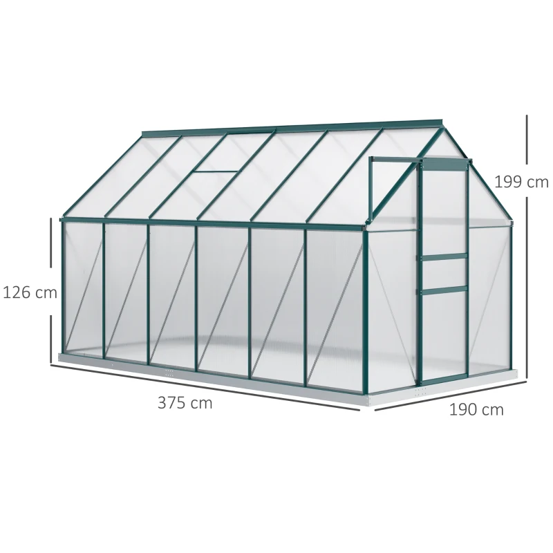 Outsunny Serra da Giardino in Policarbonato 190x375x199cm, con Finestra Apribile e Porta Scorrevole, Struttura in Alluminio, Verde