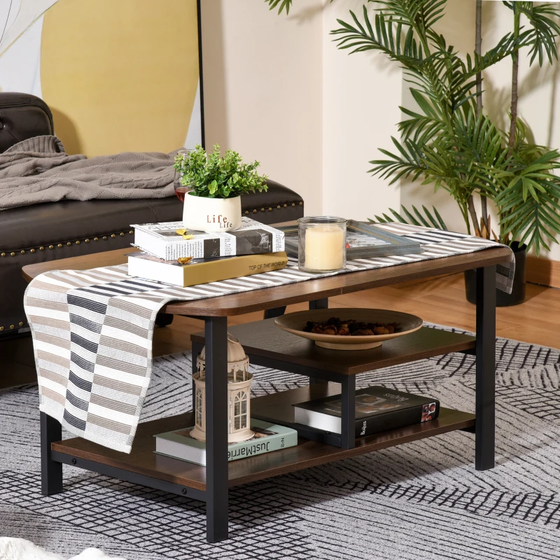 HOMCOM Couchtisch, Wohnzimmertisch Kaffeetisch mit Ablageflächen für Büro, Wohnzimmer, Schlafzimmer, industrieller Stil, E1 Spanplatte, Stahl, Braun, 100L x 60B x 46H cm