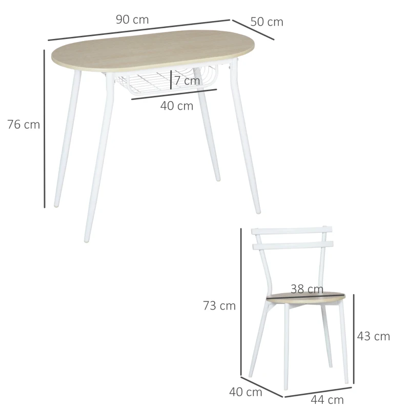 HOMCOM Sedie e Tavolo da Pranzo, Set 3 Pezzi con 2 Sedie e Tavolo Ovale con Ripiano, in MDF e Acciaio