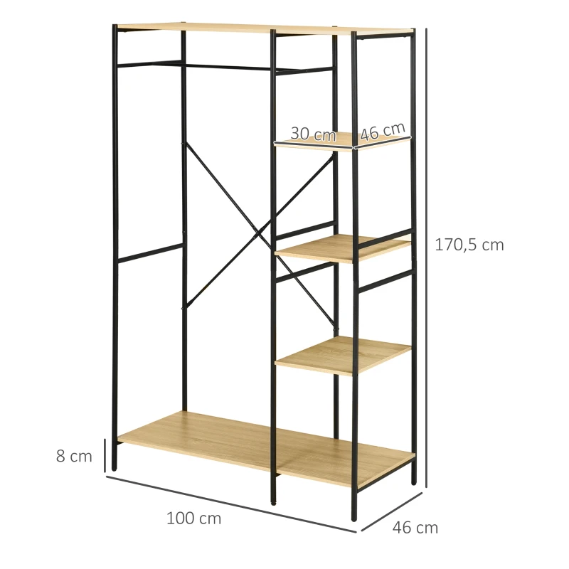 HOMCOM Penderie portant à vêtements style industriel en métal avec tringle et 4 étagères - dim. 100L x 46L x 170,5H cm