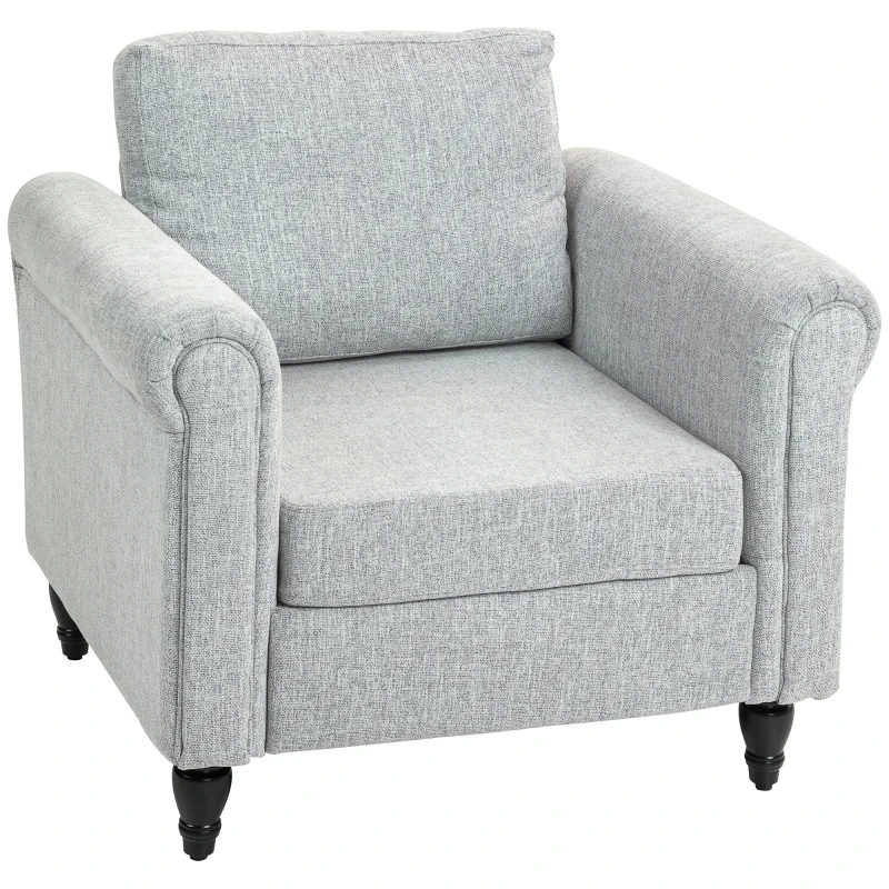 HOMCOM Vintage Accent Chair, Upholstered Occasional Chair with Back Pillow, Rolled Arms, Rubber Wood Legs, Light Grey