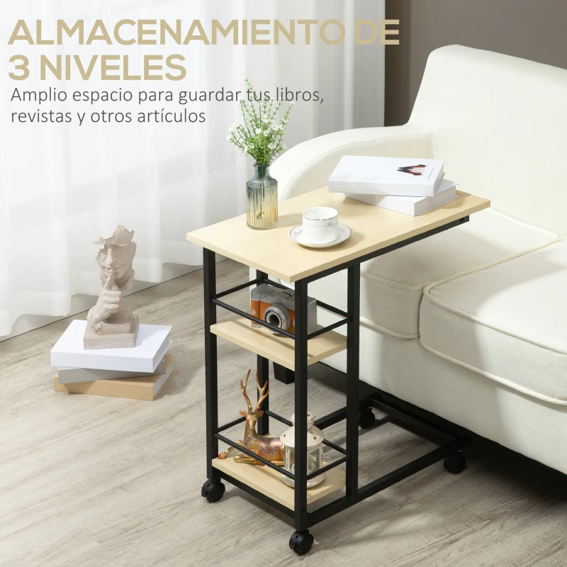 HOMCOM Mesa Auxiliar con Ruedas Mesa Lateral en Forma de C con 2 Estantes Estilo Moderno 60x34,5x64,5 cm Natural