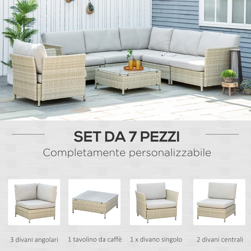 Outsunny Salotto da Giardino 7 Pezzi Modulabile in Rattan PE con Cuscini, Beige