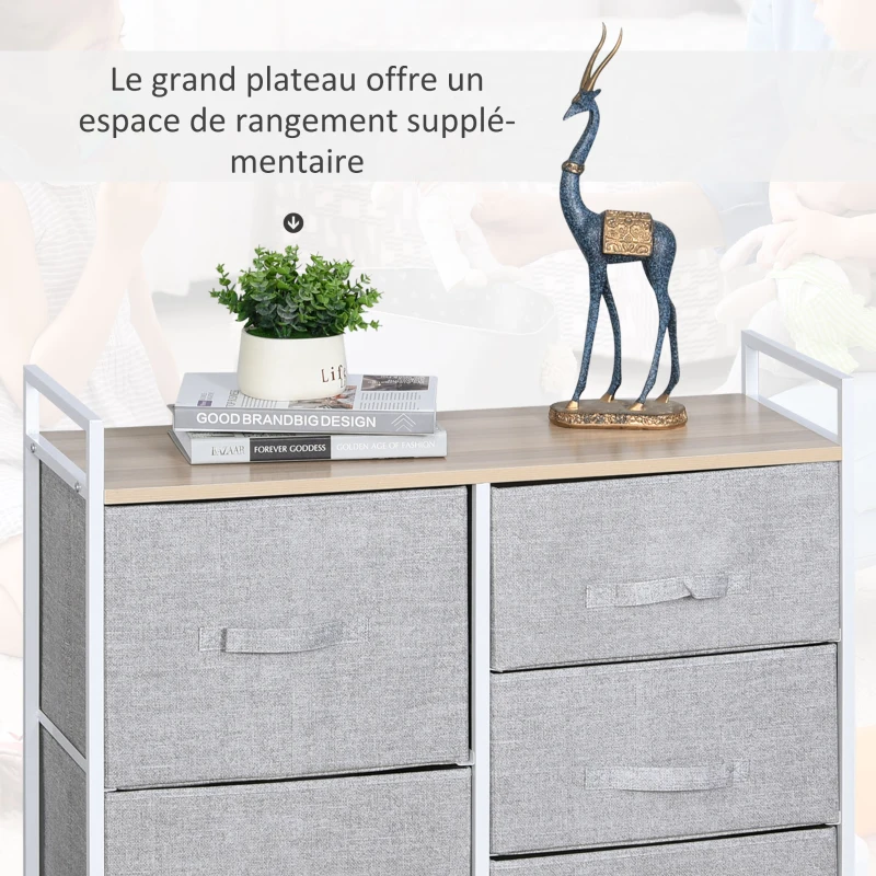 HOMCOM Lot de 3 commodes en tissu meuble de rangement chiffonnier 14 tiroirs non-tissés gris structure acier blanc plateau