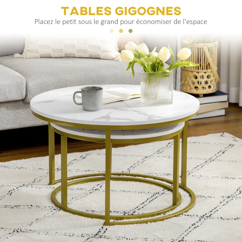 HOMCOM Lot de 2 tables basses gigognes tables rondes plateau aspect marbre et pied en acier Ø 74 x 46,3 cm blanc doré