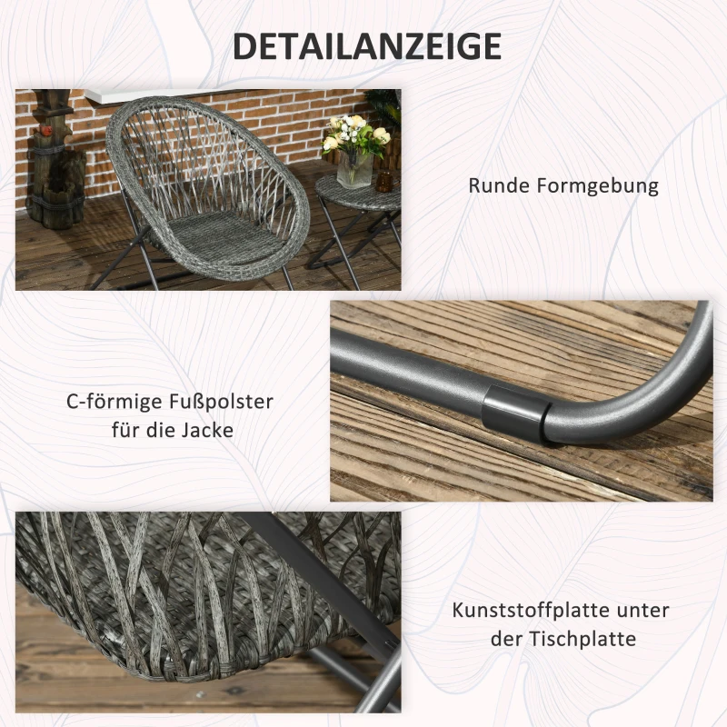 Outsunny Gartenmöbel-Set, 3-teilig, Rattanoptik, 2 Stühle, 1 Tisch, klappbar, Grau