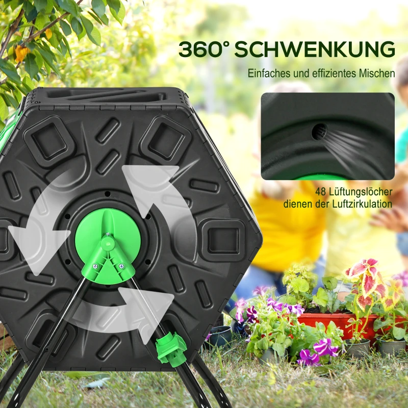Outsunny Compostbak, 65 Liter Composter, Draaibaar, Compact, 48 Ventilatiegaten, Staal, Kunststof, Groen+Zwart