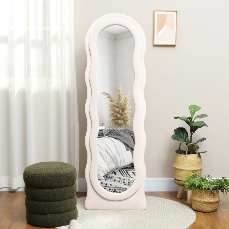 HOMCOM Espejo de Cuerpo Entero 160x50 cm Diseño Ondulado Marco con Tela de Terciopelo para Salón Dormitorio Crema