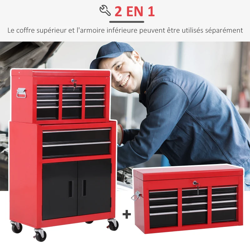 HOMCOM Servante d'atelier servante/ caisse à outil 6 tiroir +1 commode coffre amovible chariot acier rouge et noir