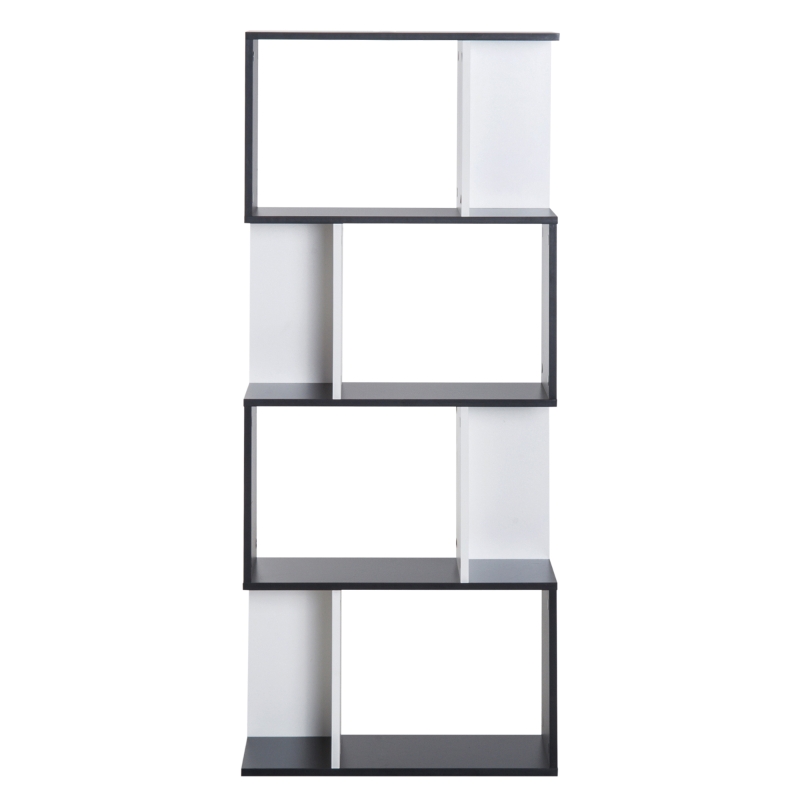 HOMCOM  Bücherregal S-förmiges Standregal Lagerregal 4-stufige Vitrine mit Hardware-Schnalle moderner Raumteiler Spanplatte Schwarz+Weiß 60 x 24 x 148 cm