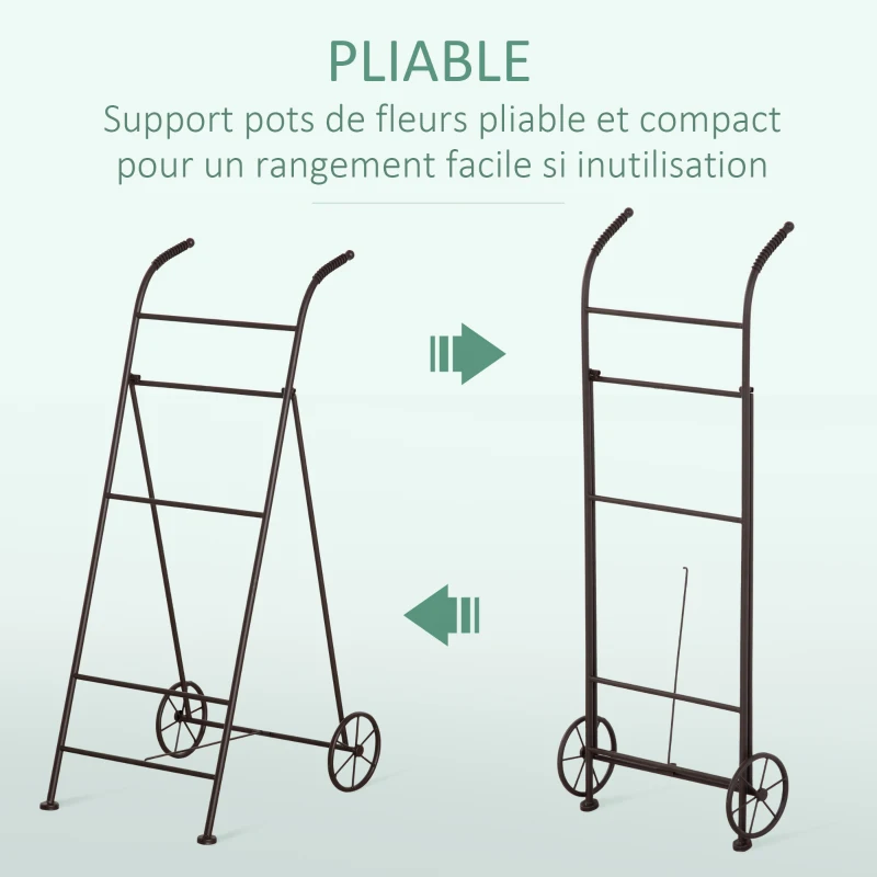 Outsunny Jardinière Chariot sur Pied 3 Niveaux Style Rural Chic - Pliable - 2 poignées et Roues - nœuds de Corde métal martelé Effet Vieilli