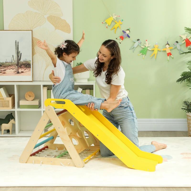 AIYAPLAY Gioco Arrampicata Bambini con Triangolo Montessori 5 in 1 con Corda, Scivolo e Sacchi, in Legno, 119x63x61 cm