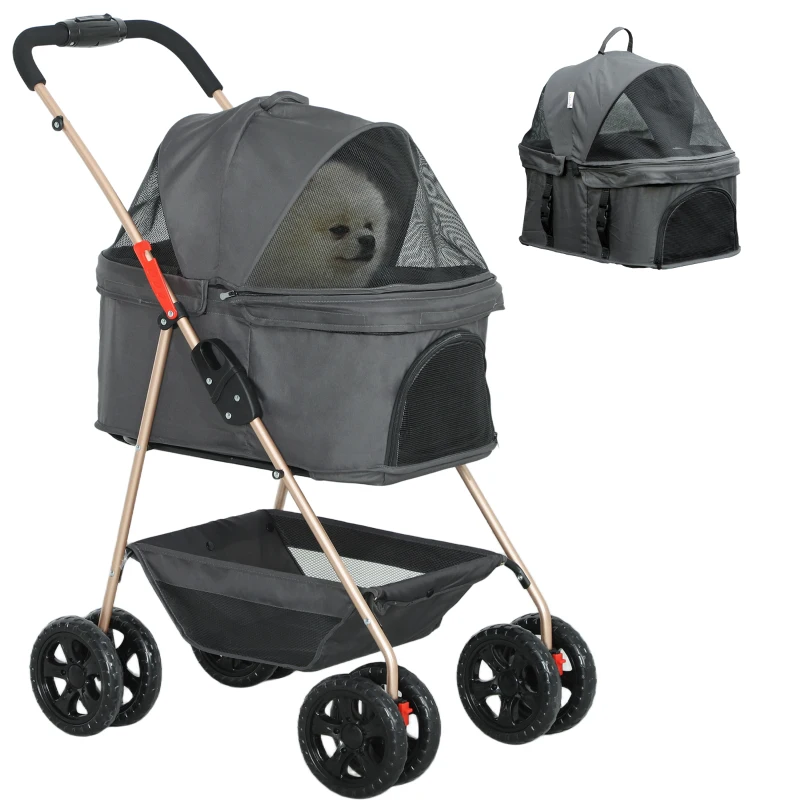 PawHut 3-in-1-Haustierkinderwagen, zusammenklappbarer Hundewagen mit 4 Rädern und abnehmbarer Trage für Hunde und Katzen, Grau(m-10)