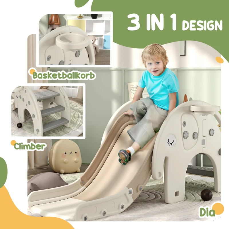 AIYAPLAY Babyrutsche 3-in-1, Klettergerüst, Basketballkorb, rutschfeste Stufen, Handläufe, Cremeweiß