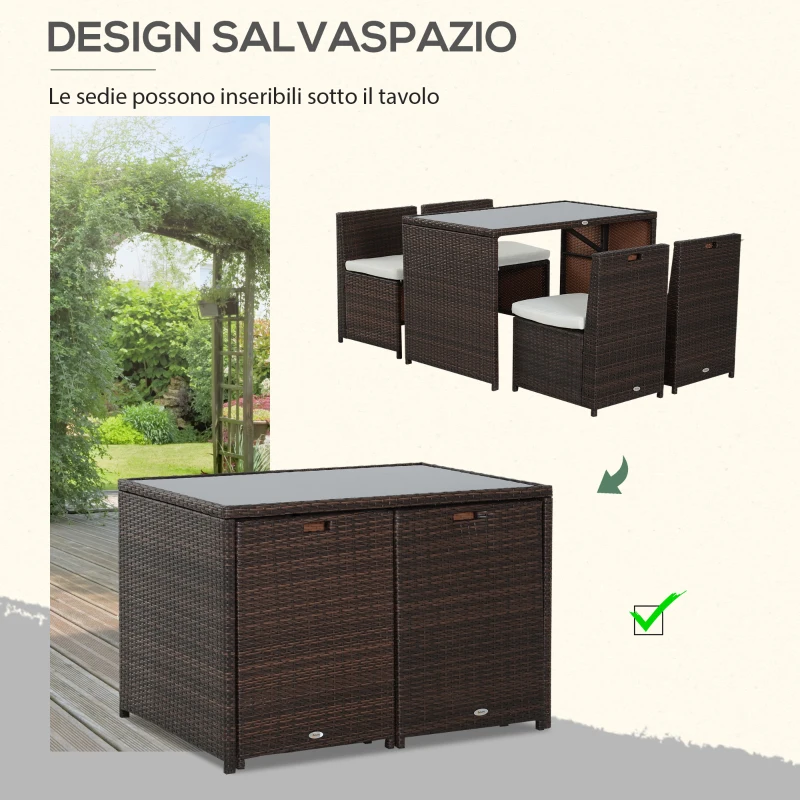 Outsunny  Set Mobili da Giardino in Rattan 5pz Tavolo Pranzo 4 Sedie con Cuscini
